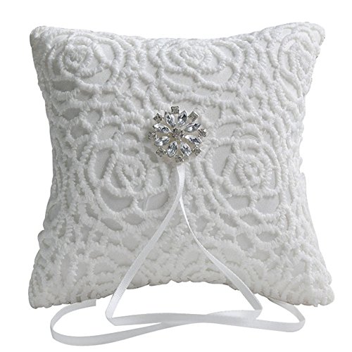 Adeeing Floral Rhinestone Lace Bridal Wedding Ring Pillow Jewelry Bearer White Cushion Holder,6 x 6 Inch