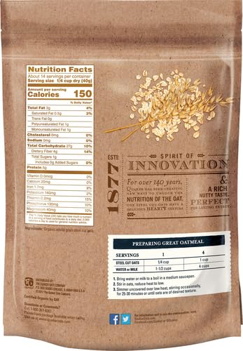 QUAKER STEEL CUT OATS, USDA ORGANIC, NON GMO PROJECT VERIFIED, 20OZ RESEALABLE BAGS (PACK OF 4)