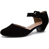 Enelauge Women's Ankle Buckle Strap Low Block Chunky Heels Closed Toe D'Orsay Pumps Dress Work Church Evening Shoes