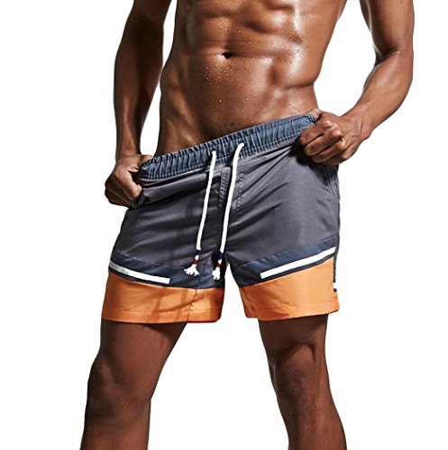 Elogoog Men's Breathable Striped Beach Board Shorts Swim Trunks Slim Wear Striped Boxer Briefs Underpants (M, Grey)