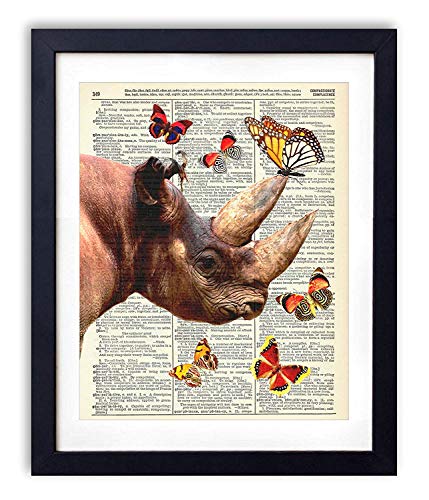 JUHAIMIU FUN Rhino with Butterflies Upcycled Vintage Dictionary Art Print 12" x 10" inches Framed