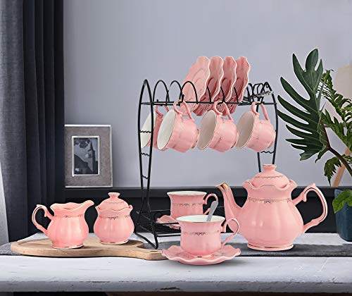 22-Piece Porcelain Ceramic Tea Gift Set with Metal Holder, Coffee Service Set with Cups, Saucers, Teapot, Sugar Bowl, Creamer and Teaspoons.