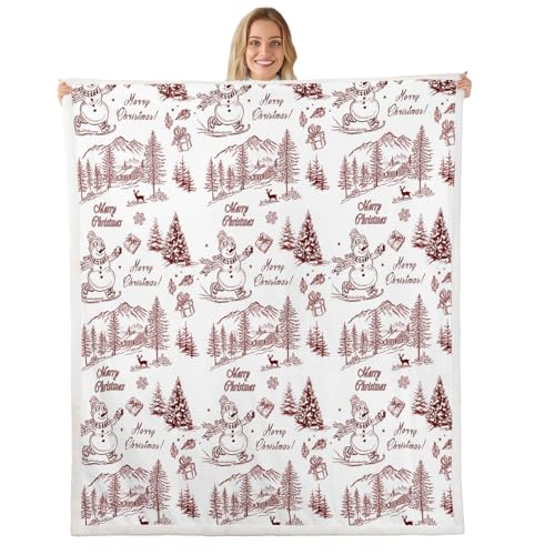 Homewish Couverture de Noël moderne - Motif sapin de Noël et bonhomme de neige - En microfibre douce - Rouge - 150 x 200 cm