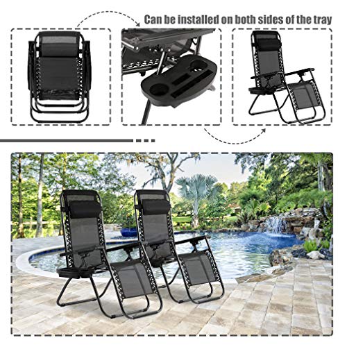 BMS Zero Patio Set of 2 Folding Outdoor Anti Gravity Lounge Reclining Camping Deck Chair with Pillow and Cup Holder （Black） - Thumbnail 3