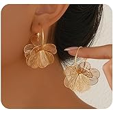 Boho Flower Hoop Earrings for Women Gold Big Floral Statement Dangle Earrings Simple Geometric Petal Earring Vintage Everyday Flower Jewelry Gift