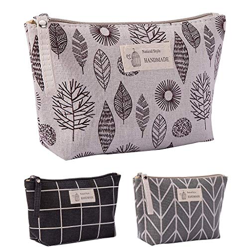 Makeup Bag with Zipper, Cotton Linen Large-Capacity Cosmetic Bag + Flower Print Toiletry Pouch Clutch Organizer Travel Storage Bag (C)