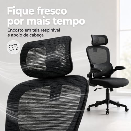 ITS Imports Cadeira de Escritório Presidente Ergonômica Preta Encosto Mesh Reclinável 135 Graus Cadeira Giratória com Apoio de Cabeça Braços Ajustáveis Suporte Lombar Alta Densidade Confortável