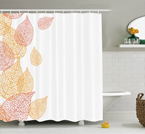 Ambesonne Leaves Decor Collection, Illustration of Fall Leaves Stylish Modern Pattern Romantic Simple Art with Soft Colors, Polyester Fabric Bathroom Shower Curtain Set with Hooks, Coral Gold