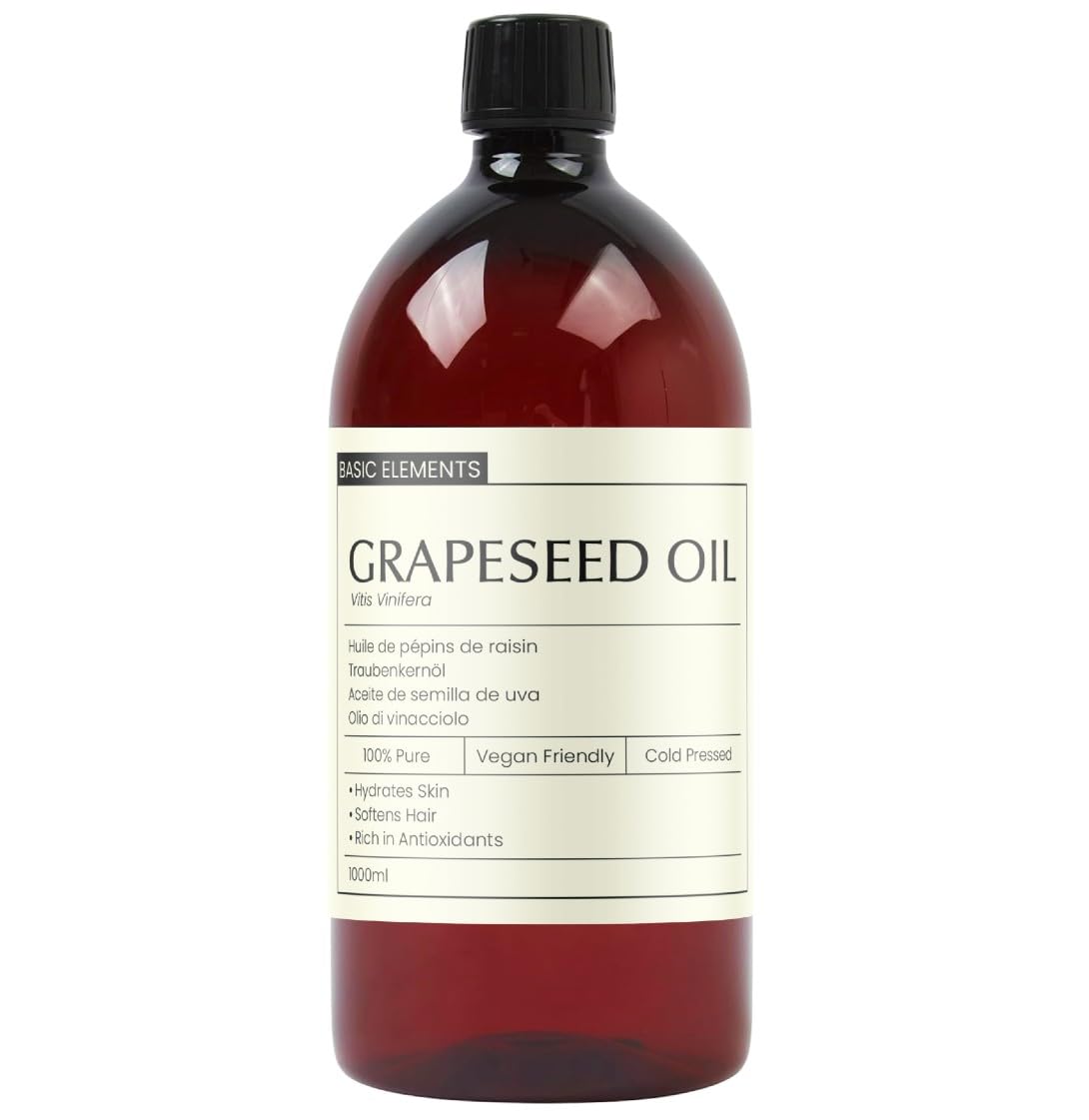 Basic Elements Organic Grapeseed Oil | 1000ml | 100% Pure & Natural Moisturiser for Skin & Hair | Perfect Massage Oil & Aromatherapy Base