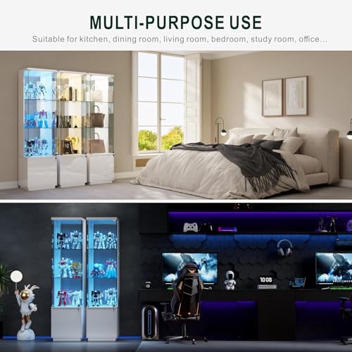 Lockable Curio Display Cabinet with Glass Door, 165cm Lighted Curio Cabinet with 3 Color Lights for Collectibles, 3-Tier Glass Display Case with Human Body Sensor for Living Room, White