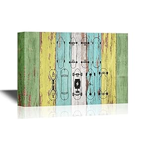 Skateboard Canvas Wall Art - Skateboards on Rustic Wood Style Background - Gallery Wrap Modern Home Art | Ready to Hang - 12x18 inches