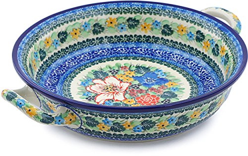 Click Here to See More Images Polish Pottery Medium Round Baker with Handles made by Ceramika Artystyczna (Splendid Hibiscus Theme) Signature UNIKAT + Certificate of Authenticity
