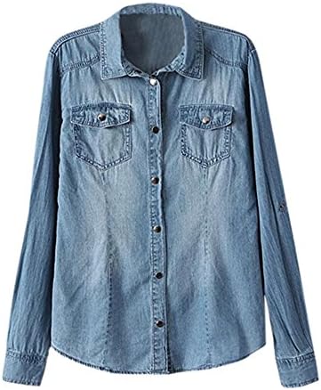 Eleery Fashion Classic Women Ladies Long Sleeve Lady Office Shirt Casual Top Blouse Rolled Up Slim Jeans Denim Jacket (UK 8, Light Blue-Type B)