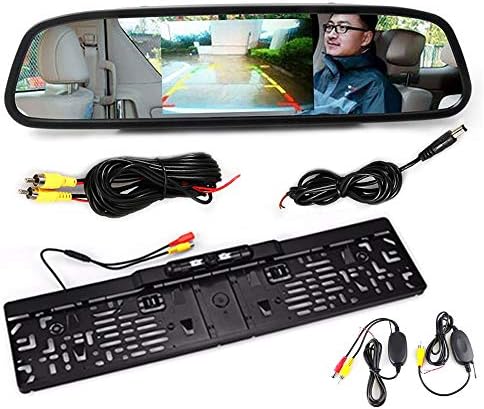 Reversing Camera and Monitor Transmitter Kit, 4.3" Car Parking Mirror Monitor + EU 4 LED Car Licence Plate Frame Car Back-up Camera Night Vision Car Rear View Camera with Wireless Transmitter