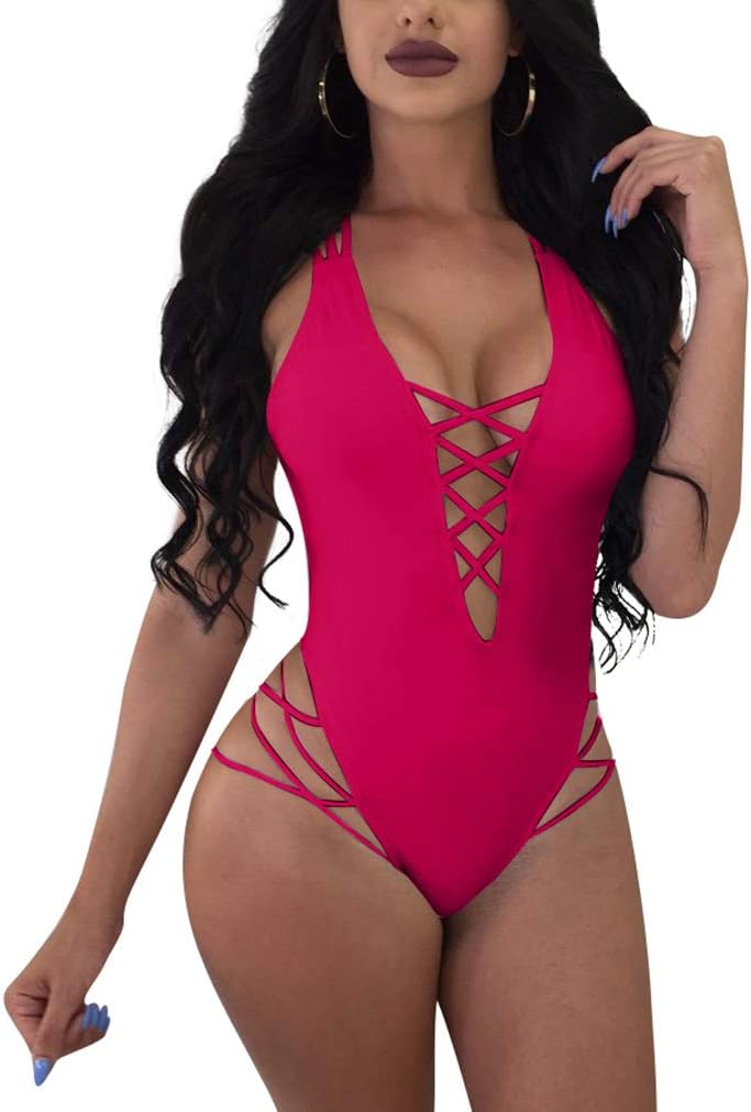 LAGSHIAN Womens Sexy One Piece Lace Up Straps Swimsuit Bathing Suit Swimwear