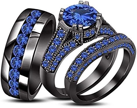 Silvercz Jewels 4.50 Ct Round Cut Sapphire 3 Piece Trio Engagement Ring Set 14k Black Gold Fn