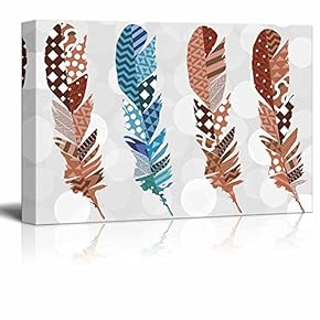 Cool Toned Zentangle Feather with Warm Toned Zentangle Feathers on a Silver Colored Bokeh Background - Canvas Art Home Art - 12x18 inches