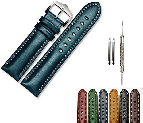 ViuiDueTure 18mm 20mm or 22mm Padded Stitched Soft Calfskin Leather Replacement Watch Band/Strap with Silver Pin Buckle