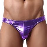 iiniim Men's Silver Shiny Patent Leather Thongs Underwear Purple L