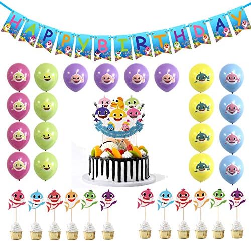 Baby Shark Party Supplies Happy Birthday Banner Set,Cute Shark Happy Birthday Banner,20 Pcs Baby Shark Balloons,12 Pcs Baby Shark Cupcake Toppers for Kids and Adults Birthday Party Decorations