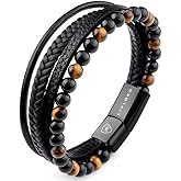 LIVLOKO LONDON Mens Bracelet Leather Black Multi-Layer Stone Beads Magnetic Adjutable Steel Clasp Viking Rope Bands Surfer Man Wristband Male UK Jewellery Gift box Boyfriend Dad Son Brother Tiger Eye