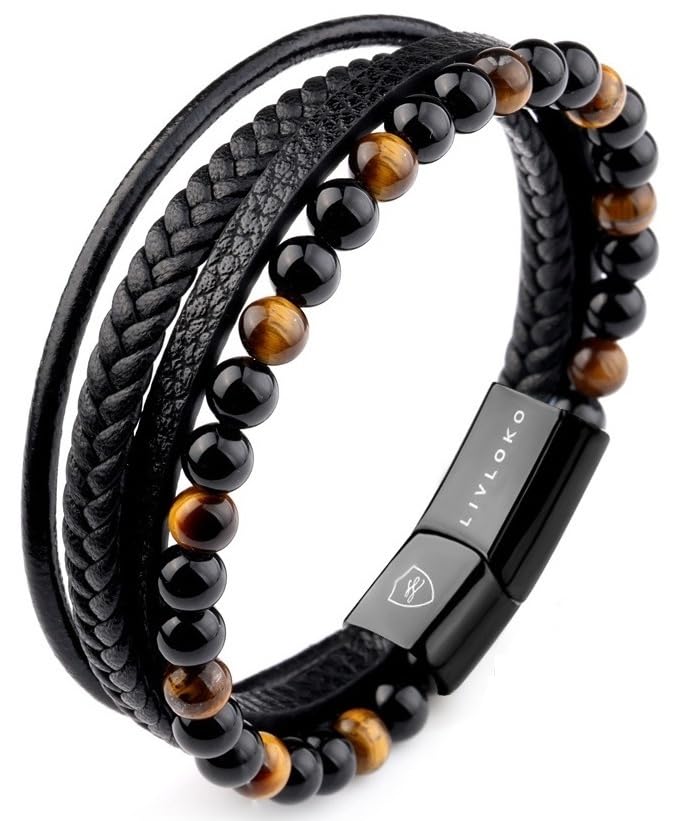 LIVLOKO LONDON Mens Bracelet Leather Black Multi-Layer Stone Beads Magnetic Adjutable Steel Clasp Viking Rope Bands Surfer Man Wristband Male UK Jewellery Gift box Boyfriend Dad Son Brother Tiger Eye