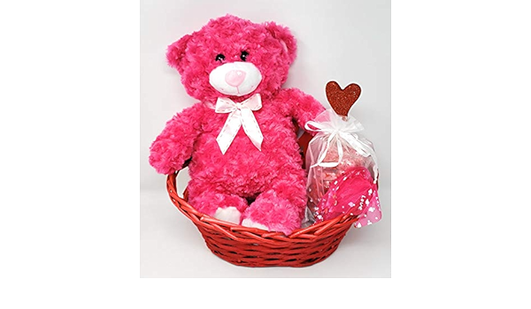 amazon com valentine s day gift for her wife girlfriend mom mother gift basket set reusable willow basket pink bow plush bear valentines vase valentines candy grocery gourmet food