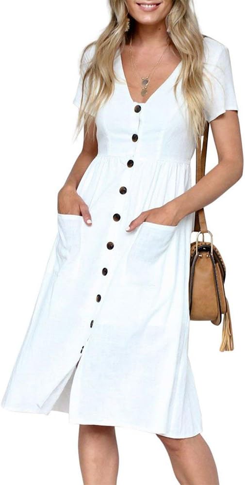 Summer Dresses for Women Casual Midi Dress Short Sleeve Shirt Dress V Neck Button Down Swing A Line Tunic Dress with Pockets