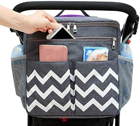 Conleke Stroller Organizer Travel Bag with Shoulder Strap Lightweight Design Storage Pockets for Bottles, Diapers, Toys, Snacks,Essential Stroller Accessory (Wave pattern(changing pad included))
