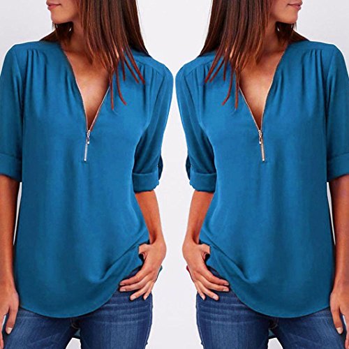 Quartly Women Zipper Shirt Tops Loose Summer T-Shirt Pullover Casual Blouse (M, Light Blue)