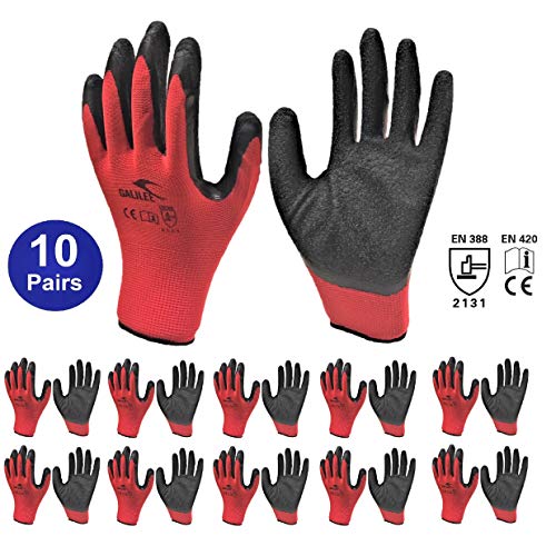 Nitrile Latex Rubber Palm Coated Safety Work Gloves, Nylon Knit, Textured Grip (10 Pair Pack, Red, Size 9 Large) - Thumbnail 6
