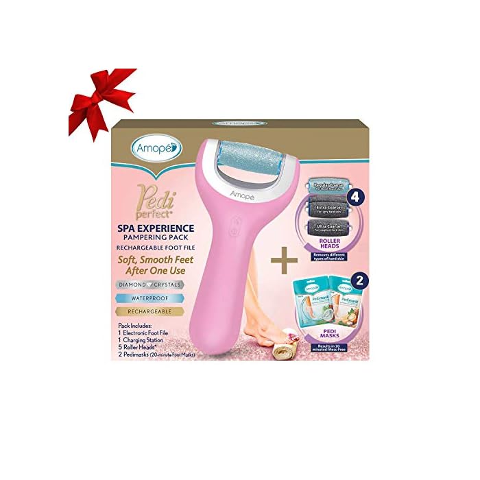 Amope Pedi Perfect Spa Experience Pampering Pack containing an Electronic Foot File, 2 Pairs of Macadamia Oil Foot Masks…