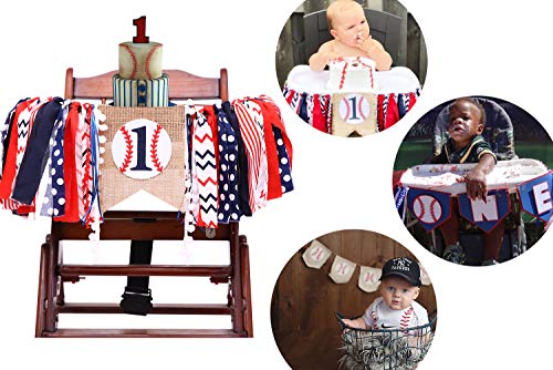 Baseball Banner For 1 St Birthday - First Birthday Decorations For Baseball Rag Tie Fabric Garland, Photo Booth Props Red White Blue, Birthday Souvenir And Gifts For Boy