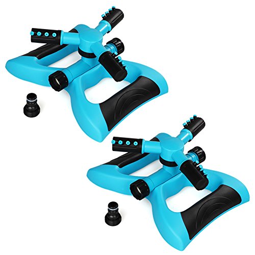 BlueFinger Lawn Sprinkler, Automatic 360 Rotating Sprinklers for Garden, Adjustable Water Irrigation System with Three Arm and Metal Weighted Base, Brass Water Outlet (2 Pack)