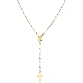 Dainty Delicate Religious Guardian Angel Or Virgin Mary Medallion White Simulated Pearl Rosary Bead Necklace For Women Teen 18K Gold Plated