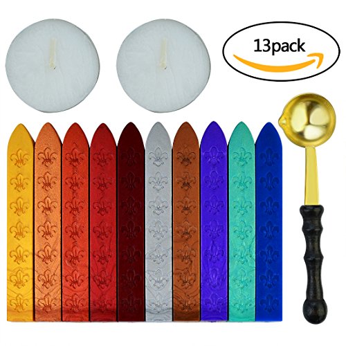 Nydotd 10 Pcs Antique Sealing Wax Sticks Set with Wicks Retro Spoon and 2 Pcs White Candles for Retro Vintage Wax Seal Stamp