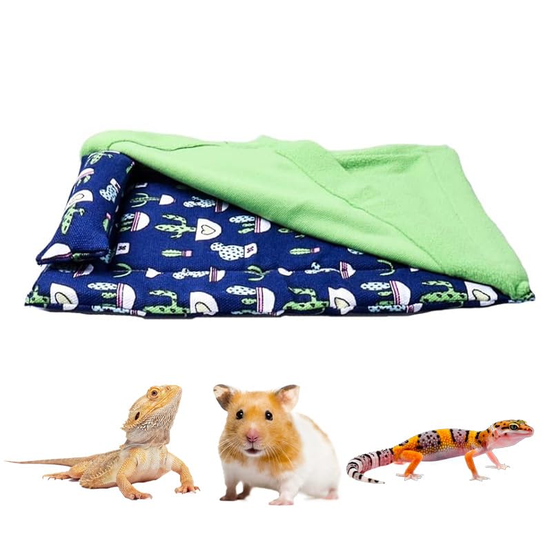 CQJ Bearded Dragon Hammock Sleeping Bag Set- Hanging Pet Bed with Pillow and Blanket Hideout Habitat with Soft Warm for Bearded Dragon Lizard Leopard Gecko and Small Pet Animal（Blue + Green Quilt）
