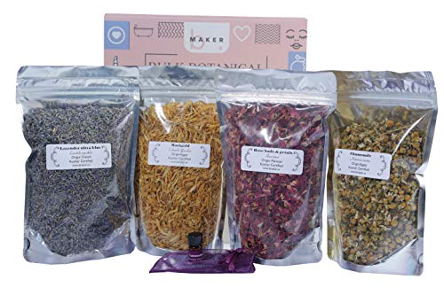 bMAKER Bulk Flower Kit Chamomile, Ultra Blue Lavender, Red Rose Buds & Petals, Marigold - 2 Cup Each Packet- Included Lavender Essential Oil
