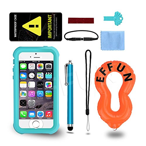 Effun Waterproof iPhone 5/5S/SE Case, IP68 Certified Waterproof Underwater Cover Dustproof Snowproof Shockproof Case with Cell Phone Holder, PH Test Paper, Stylus Pen and Floating Strap Aqua Blue