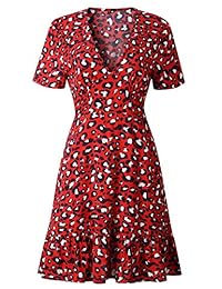 Clothink - Vestido de manga corta con estampado de leopardo para mujer, cuello en V, estilo casual