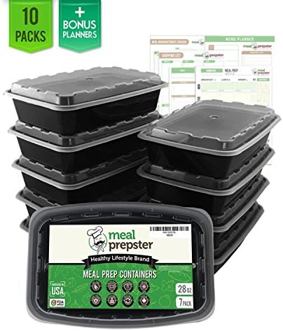 Meal Prepster 1-Compartment Meal Prep Containers - Microwavable, BPA-Free √ - ReUsable Plastic Food Storage Container Sets (28 OZ) (10-pack, Black / Clear Lid) + 5 Printable Planners!