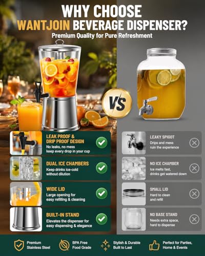 WantJoin Beverage Dispenser with Stand, 2 Gallon Drink Dispenser with Ice Core, Stainless Steel Juice Dispenser with Spigot, Clear PC Beverage Jar for Parties, Buffet, Lemonade, Juice (8 L)
