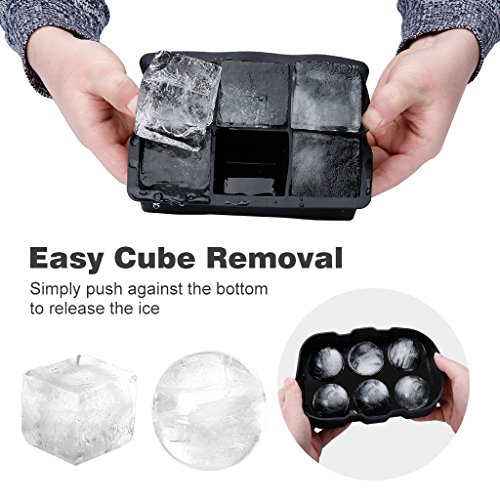 Finether Set of 2 Silicone Ice Cube Trays, Easy-Release Whisky Ice Ball Maker Large Square Ice Cube Mold, FDA Approved Eco-friendly Reusable for Kitchen Freezer Refrigerator Bourbon Cocktails, Black