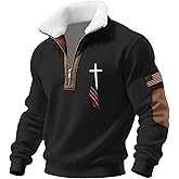 Christian Sweatshirts for Men Jesus Cross American Flag Print Pullover Fleece Lined Quarter Zip Stand Collar Sweaters