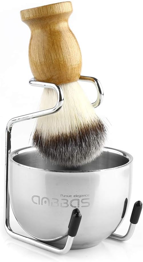 Anbbas Shaving Brush Synthetic Badger Hair Wood Handle,Stainless Steel Shaving Stand and Bowl,Perfect for Men Wet Shave