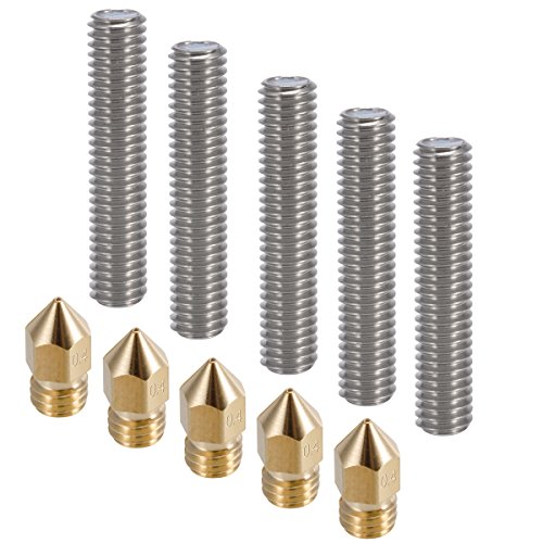 PChero 5pcs 30MM Length Extruder 1.75mm Tube and 5pcs 0.4mm Brass Extruder Nozzle Print Heads for Anet A8 and MK8 Makerbot Reprap 3D Printers