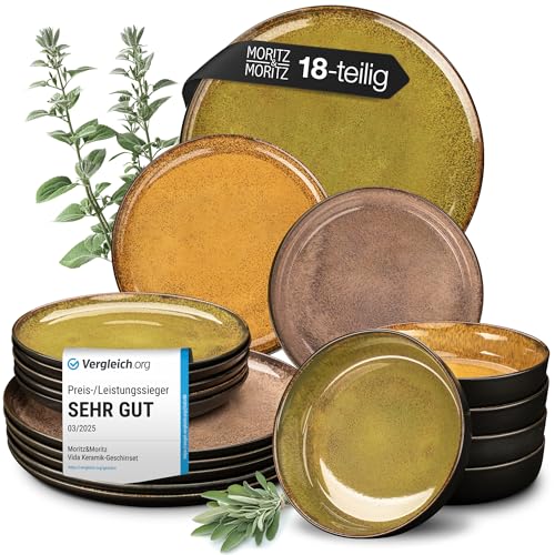 Moritz &Amp; Moritz Vida Geschirrset 6 Personen Vintage 18-Tlg. - Modernes Porzellan Geschirr Set - Kratz-, Mikrowellen- &Amp; Spülmaschinenfest, Essgeschirr, Tafelservice, Kombiservice 6 Personen