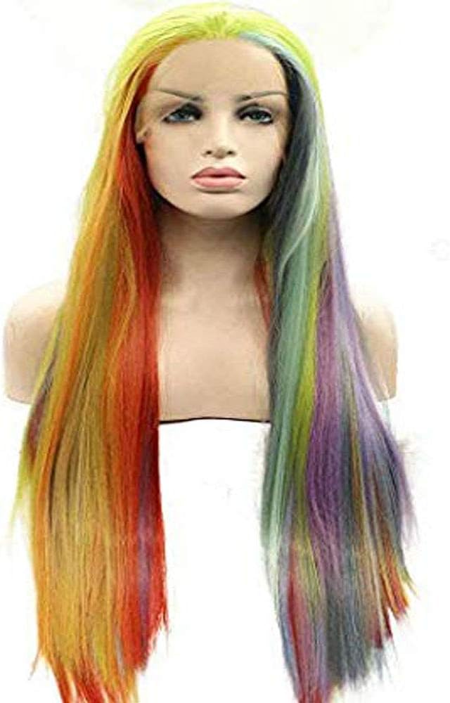 Rainbow Lace Front Wigs for Women Natural Looking Multiple color Long Straight Wig Pre Plucked Hairline Hair Synthetic Hair Rainbow Dash Cosplay Party Wig 26inch - Image 5