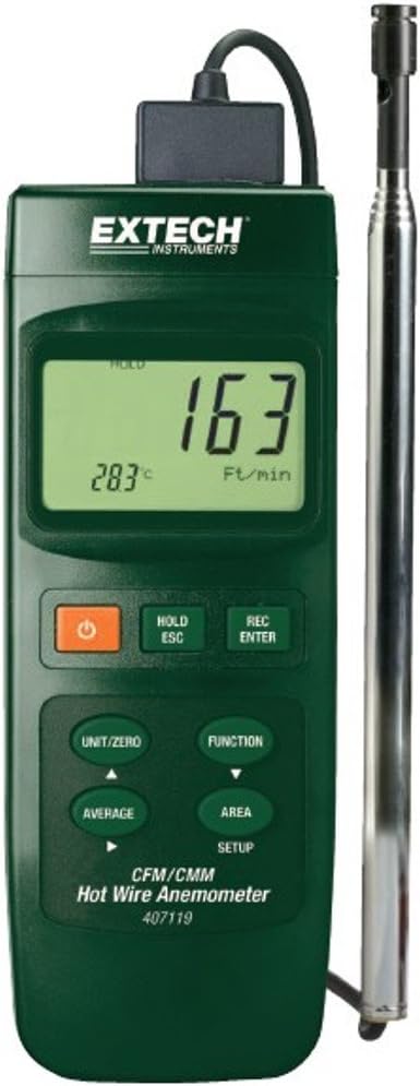 FLIR COMMERCIAL SYSTEMS 407119-NIST Heavy Duty Hot Wire CFM Thermo-Anemometer with Calibration Traceable to NIST, 1.4" LCD Display