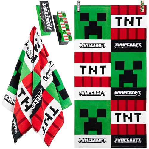 Minecraft Towel Kids Teens 2 Pegs Clips Beach Towel Soft Absorbent Bath Shower Creeper Swimming Towel 100% Cotton Quick Dry Holiday Essentials 140x70cm